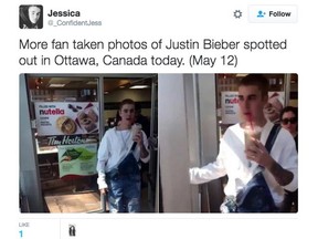 Justin Bieber was spotted walking around Ottawa's ByWard Market Thursday, wearing overalls similar to those he wore when meeting then-prime minister Stephen Harper in 2012.