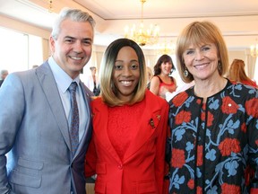 Kyle Winters, vice president and chief operating officer of CANFAR (Canadian Foundation for AIDS Research), with keynote speaker Muluba Habanyama and national spokesperson Valerie Pringle at the Can You Do Lunch? benefit for CANFAR held at the Rideau Club on Tuesday, May 10, 2016.