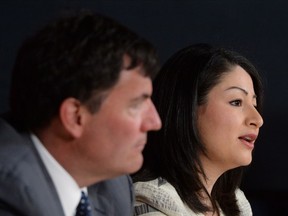 Maryam Monsef, Minister of Democratic Institutions, and Dominic LeBlanc, Leader of the Government in the House of Commons, talk about electoral reform with reporters May 11.