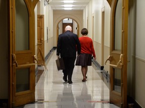 Senator Mike Duffy returns to Parliament Hill in Ottawa on Monday, May 2, 2016.