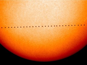 NASA depiction of what the transit of Mercury will look like, as a time lapse image.
