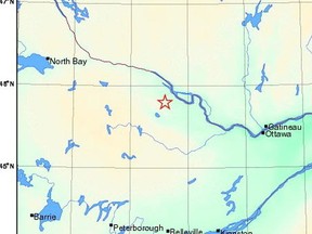 The star marks the location of the magnitude 3.3 earthquake near Pembroke on Saturday, May 14, 2016.