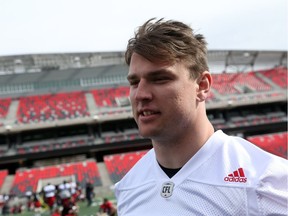 Nolan MacMillan of the Ottawa Redblacks talks to the media after a mini camp at TD Place in Ottawa, April 25, 2016.