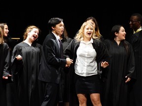 Holly Menchetti, Madeline Cribb, Holly Warren, William So, Lizzie Greenberg, Niyousha Saeidi, Samara Sternthal, Abdou Sarr & Noah Egli; performs as Law Student, Erin Schultz, Enid Hoops, Emmett Forrest, Elle Woods, S.A. Padamadan, Whitney, Law Student & Law Student, during Sir Robert Borden High School's Cappies production of Legally Blonde.