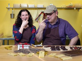 Erica and Drew Gilmour, owners of Hummingbird Chocolate Maker, pose at their Almonte chocolate factory.