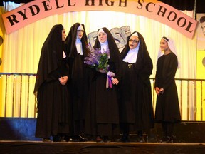 Darcy Clark, left, as Sister Hubert , Matthew Adams as Sister Julia, Julia Millan as Sister Amnesia, Willow Cioppa as Reverand Mother Mary Regina, Carina Almario, right, as Sister Leo, perform in Lester B. Pearson's Cappies production of the play Nunsense.