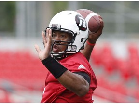 Redblacks quarterback Henry Burris throws at the first day of training camp at TD Place in Ottawa on Sunday, May 29, 2016.