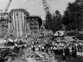 Rescue workers and volunteers converged on the scene of the Heron Road bridge collapse, Aug. 10,1966, to help find survivors and transport them to hospital.