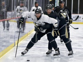 Pittsburgh Penguins' Sidney Crosby, right, grabs onto Tom Kuhnhackl as they skate during NHL hockey practice at the UPMC Lemieux Sports Complex, Saturday, May 28, 2016, in Cranberry, Pa. The Penguins host the San Jose Sharks in Game 1 of the Stanley Cup Finals on Monday, May 30.
