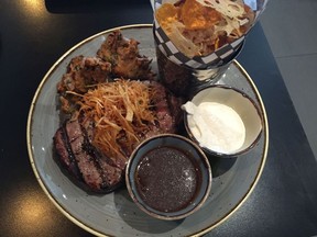 Steak with root chips and pakoras at OCCO Kitchen