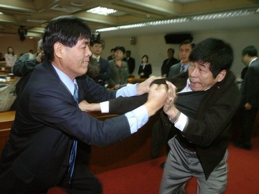 Taiwanese lawmakers Chen Hsien-chung (R) of the ruling Democratic Progressive Party and Chen Chao-rung of the main opposition Kuomintang engage in a fist-fight during an additional parliamentary session, 11 January 2007.  They were reviewing the budget for the Ministry of Civil Service which is in charge of government employees.