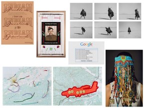 The Art Bank acquired seven works of contemporary indigenous art. Clockwise from top left: Sonny Assu's pigment print on paper Selective History (2012); Barry Ace's For King and Country (2015); Adrian Stimson's series of six digital photographs The Shaman Exterminator Playing on the Playa (2009/10); Dana Claxton's Headdress (2016); Amy Malbeuf's The Mealy Mountains and Three Artists Fly North (2013); and (centre), Jordan Bennett's reproduction of a screen capture of a Canadian Google search engine in acrylic on canvas Why Are Native Americans (2012).