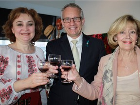 The Moldovan Embassy in Ottawa celebrated its 25th anniversary of independence by organizing Moldova Night May 3 at Santé Restaurant, featuring national art, cuisine and its famous wines. From left: Moldovan Ambassador Ala Beleavschi, MP Ed Fast, and Senator Raynell Andreychuk.