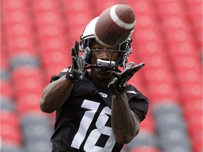 The Redblacks Dior Mathis catches the ball at the first day of training camp at TD Place in Ottawa on Sunday, May 29, 2016.