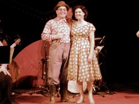 Wayne Lowrie/Gananoque Reporter Alison MacDonald as Patsy Cline and Tyler Murree who plays various characters, pause during a rehearal of A Closer Walk with Patsy Cline.