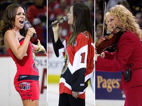 Whether the words are inclusive or not, O Canada has been sung by a fair share of female performers. Left to right, Tammy Laverty kicks off a game between the Ottawa Senators and the Boston Bruins in 2011; Alanis Morissette belts it out prior to the game between the Ottawa Senators and the Anaheim Ducks in the fourth game of the Stanley Cup Final in 2007; Natalie MacMaster plays the national anthem at a game in 2002.