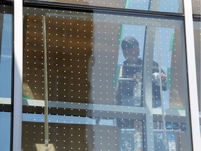 Workers install new bird deterrent stickers outside of the skywalk between the new and old parts of Ottawa City Hall, May 24, 2016.