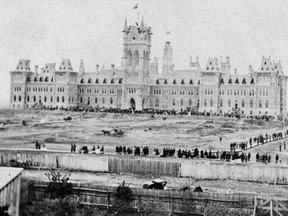 Library and Archives Canada photograph of the scene on Parliament Hill as the new legislature opened on June 8, 1866. Courtesy: Library and Archives Canada, PA-120596; MIKAN 3192920