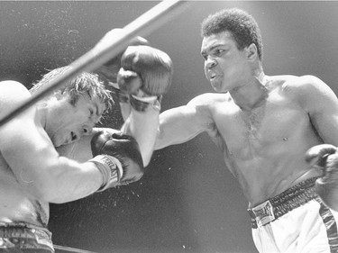 The fight between Ali and Chuvalo took place May 1, 1972 at the Pacific Coliseum
FILE PHOTO - Muhammad Ali pounds George Chuvalo during a fight in Vancouver sometime in the 1960s.  (Photo:  Ralph Bower/Vancouver Sun) [PNG Merlin Archive]