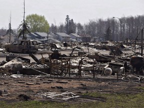 The devastated neighbourhood of Beacon Hill is shown in Fort McMurray, Alta., on Friday, May 13, 2016. Alberta Premier Rachel Notley says about 2,000 evacuees expecting to move back to their homes in fire-damaged Fort McMurray this week will not be able to do so.