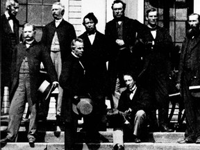 Several of the Fathers of Confederation are shown at the Charlottetown Conference in September, 1864 where they had gathered to consider the union of the British North American Colonies. Sir John A. Macdonald and Georges Etienne Cartier are in the foreground.