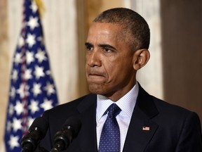 President Barack Obama pauses while speaking at the Treasury Department in Washington, Tuesday, June 14, 2016, following a meeting with his National Security Council to get updates on the investigation into the attack in Orlando, Florida and review efforts to degrade and destroy ISIL.