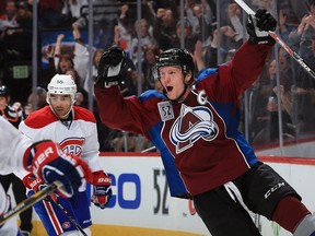 Gabriel Landeskog #92 of the Colorado Avalanche celebrates his goal against the Montreal Canadiens