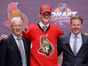 Logan Brown celebrates with the Ottawa Senators after being selected 11th overall during Round 1of the 2016 NHL draft.