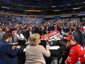 A general view of the draft table for the Ottawa Senators during the 2016 NHL draft on June 25, 2016 in Buffalo.