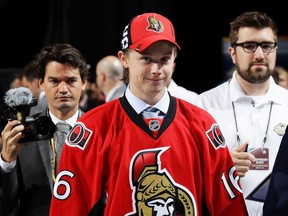 Jonathan Dahlen wears the Senators' colours after after being selected 42nd by Ottawa during the 2016 NHL Draft on June 25, 2016 in Buffalo.