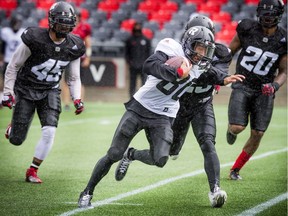 #80 Chris Williams makes a reception during the Ottawa Redblacks 2016 training camp mock game at TD Place Sunday June 5, 2016.