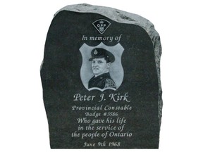 A memorial stone at the OPP detachment in Hawkesbury honours Const. Peter Kirk, who was killed while on duty on June 9, 1968.