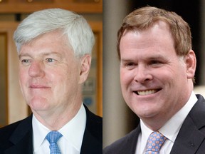 Former Liberal heavyweight minister John Manley, left, and former Tory heavyweight John Baird, right, think the NCC should look at the best of both proposals for LeBreton Flats.