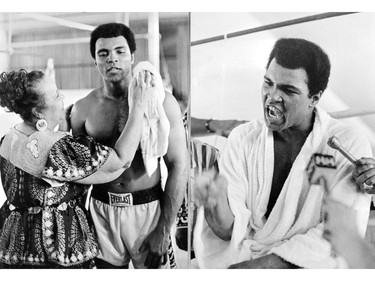 Combo of two pictures of former heavyweight boxing champion Muhammad Ali (Left picture) with his mother taking care of him during a training session  and (right picture) and as he answers to journalists questions September 27 1974 in Kinshasa a few days before the fight he was to win  against George Foreman.