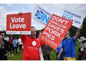 A campaigner for 'Vote Leave', the official 'Leave' campaign organization, holds a placard during a rally Sunday.