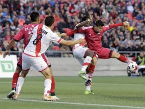 Bryan Olivera of the Ottawa Fury challenges Rayo OKC players in North American Soccer League action at TD Place on June 11, 2016.