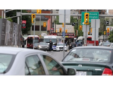 Busy Waller St late in the afternoon after sink hole occurred on Rideau St., June 08, 2016.  Photo by Jean Levac 
keyword: sinkhole Rideau Street