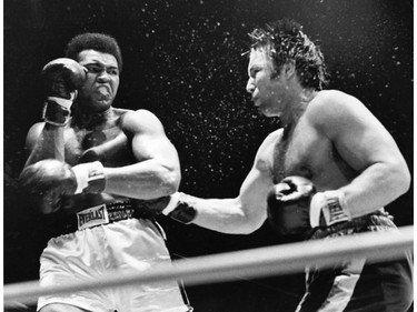 Canadian heavyweight champion George Chuvalo takes on Muhammad Ali in a 12-round bout at Pacific Coliseum in 1972. Ali told Bower that Chuvalo was the toughest challenger he ever fought.  Ralph Bower/Vancouver Sun For John Mackie story.