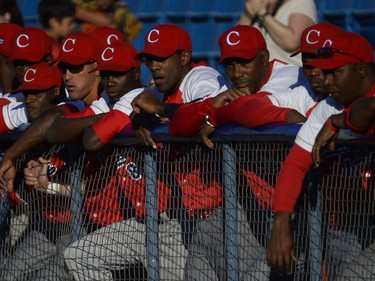 The Cuban national team looks out from the dugout before the game against host Ottawa Champions on Friday, June 17, 2016.