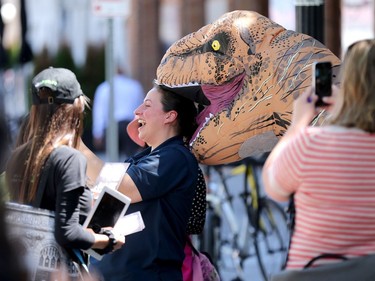 Dinosaurs seemed to be taking over in downtown Ottawa as a pack of large, wobbling meat eaters wandered around the Byward Market Tuesday (June14, 2016).  The dinos, which took some by surprise, but mostly gave people a pretty cool selfie, were out to promote the Ultimate Dinosaurs exhibit, which runs at  the Canadian Museum of Nature from June 11 to Sept. 5th. JULIE OLIVER/POSTMEDIA