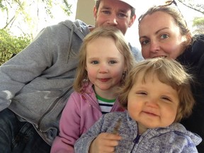 Jenny and Jonathan Doull with daughter Mae, now seven, and Phoebe Rose, five, who died on November 18, 2015 after a lifetime fight against infantile leukemia. Story on Roger's House 10th anniversary