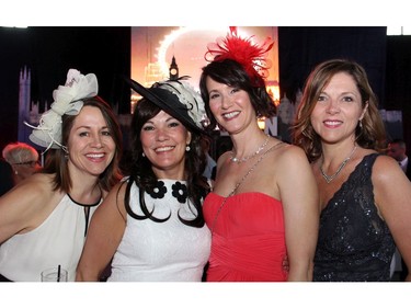 Fascinators were all the rage, as worn by Charlotte Santerre, left, Melinda Lauzon and Renee Dubois, with Joelle Montminy, at Bash 2016: London Calls, a British-themed party for the Snowsuit Fund, held Friday, June 10, 2016, at the Horticulture Building at Lansdowne.