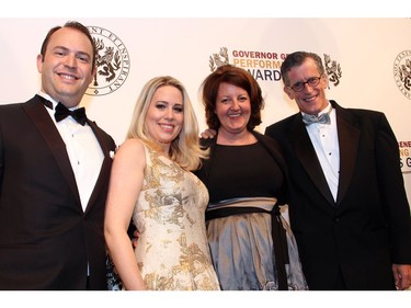 From left, Dan Mader, vice president in Ottawa with NATIONAL Public Relations, with his wife, CTV News journalist Mercedes Stephenson, and Rosemary Thompson, head of communications for the National Arts Centre, and her husband, Pierre Boulet, at the NAC on Saturday, June 11, 2016, for the Governor General Performing Arts Awards Gala.