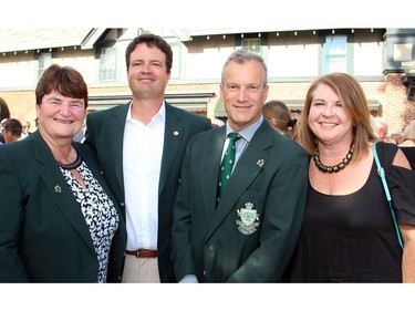 From left, Dr. Kathy Keely, a former president of the Royal Ottawa Golf Club, with club captain Kris Bulmer, current board president Tim Wardrop, and Jennifer Mirsky at the opening ceremony and cocktail reception in honour of the private golf club's 125th anniversary, held Wednesday, June 29, 2016 in Gatineau, Quebec.