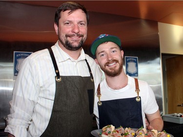 From left, Jon Svazas, chef and owner of the soon-to-open Bar Laurel in Hintonburg, with his sous chef, Andrew McDow, were among the neighbourhood businesses supporting the Branching Out Gala for the Parkdale Food Centre, held at the home of The GCTC on Thursday, June 23, 2016. (Caroline Phillips / Ottawa Citizen)