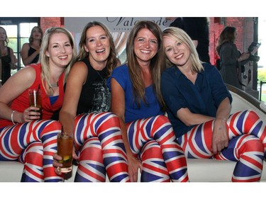 From left, Kelsey Fisher, Victoria Fisher (Cache Consulting), Lisa Dunnett and Chantal Smith wore UK flag-print leggings to the British-themed Bash 2016: London Calls fundraiser for the Snowsuit Fund, held Friday, June 10, 2016, at the Horticulture Building at Lansdowne.