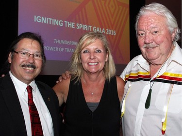 From left, Marc Maracle, executive director of the Gignul Non-Profit Housing Corporation and chair of the Ottawa Aboriginal Coalition, with Ottawa city councillor Dianne Deans and Wayne Helgason at the annual Igniting the Spirit Gala for the Wabano Centre, held at the Ottawa Conference and Event Centre on Tuesday, June 21, 2016.