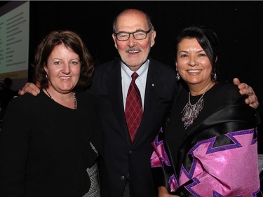 From left, Rosemary Thompson, director of communications for the National Arts Centre with its president and CEO, Peter Herrndorf, and Allison Fisher, executive director of the Wabano Centre for Aboriginal Health, at the annual Igniting the Spirit Gala, held at the Ottawa Conference and Event Centre on Tuesday, June 21, 2016.