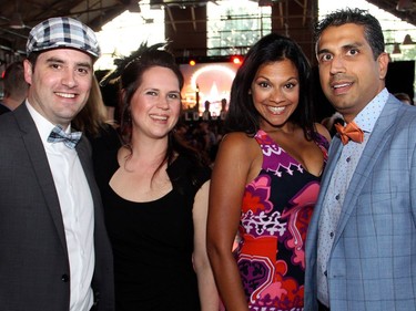 From left, Snowsuit Fund board member Andrew Watson with his wife, Leanne, and his KPMG colleague, Mahesh Mani, and his wife, Deepali, at the British-themed Bash 2016: London Calls fundraiser for the Snowsuit Fund, held Friday, June 10, 2016, at the Horticulture Building at Lansdowne.