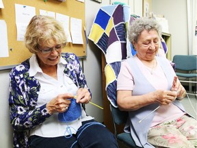 Isabel Hale, left, and Elena Dinu knit. A small pilot study, led by Lucie Brosseau, a professor and researcher at the University of Ottawa's School of Rehabilitation Sciences, was launched with the Pace Setters to examine the impact knitting has on pain and stiffness caused by osteoarthritis.